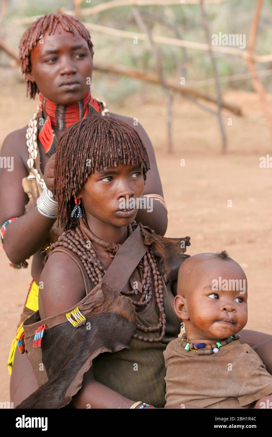 Portrait of a Hamer Tribeswoman. The hair is coated with ochre mud and animal fat. Photographed in the Omo River Valley, Ethiopia Stock Photo
