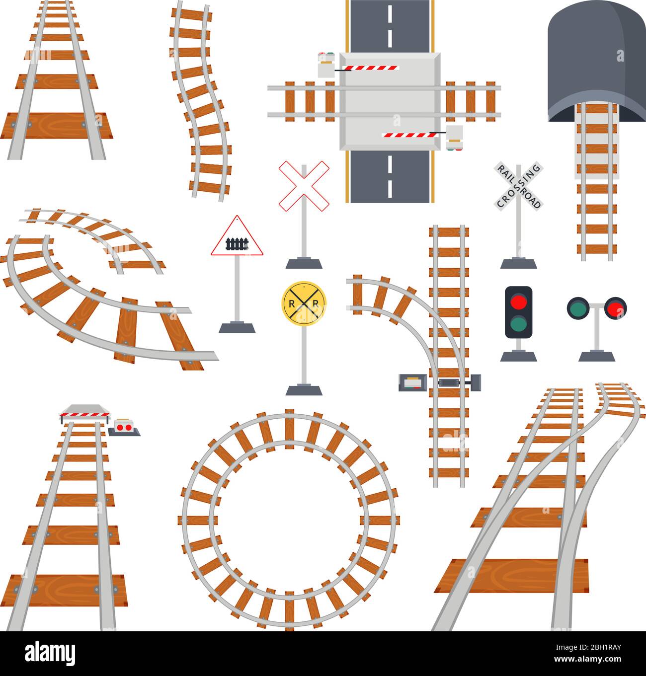 Different structural elements of railway. Vector collection in cartoon style. Road railway for train, railroad track illustration Stock Vector