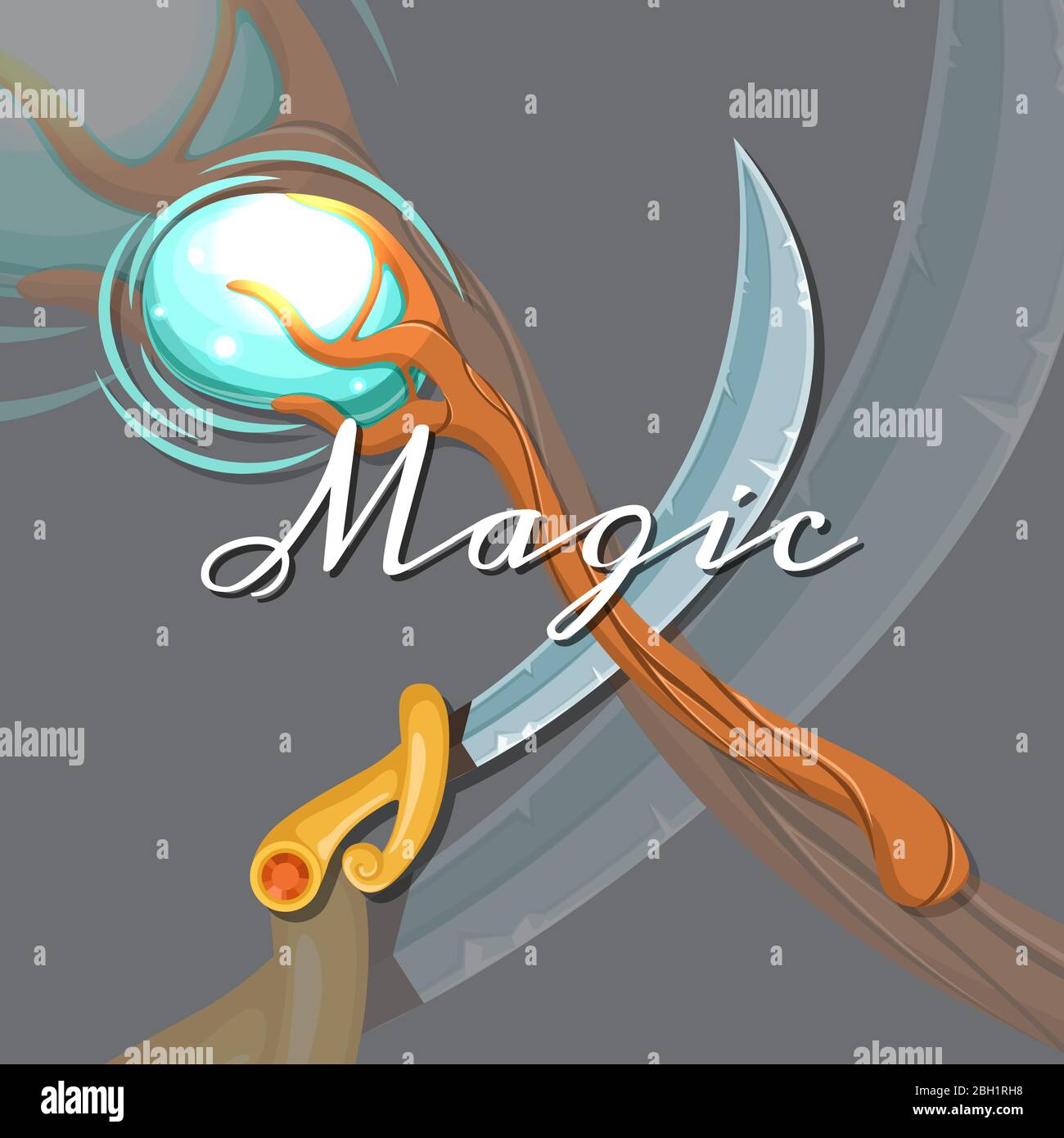 Vector fantasy cartoon style game design medieval crossed magic staff and saber sword elements with lettering and shadows illustration Stock Vector