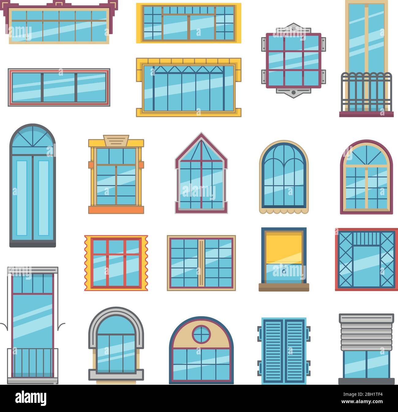 Balcony and wooden or plastic windows with glass. Architectural illustrations set in flat style. Vector collection of windows architecture exterior Stock Vector