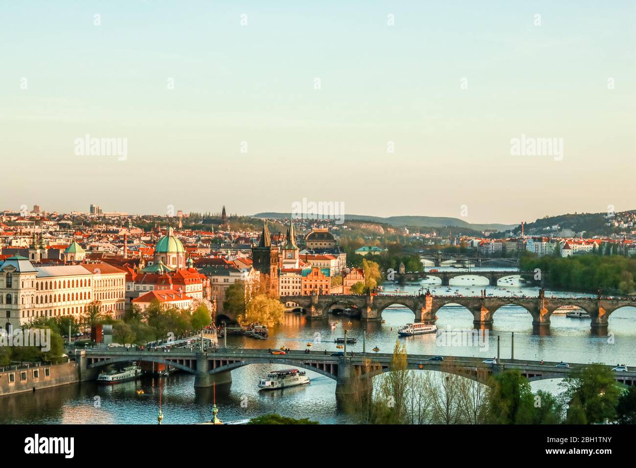 Scenic view on the Vltava river and of the historical center of Prague Stock Photo
