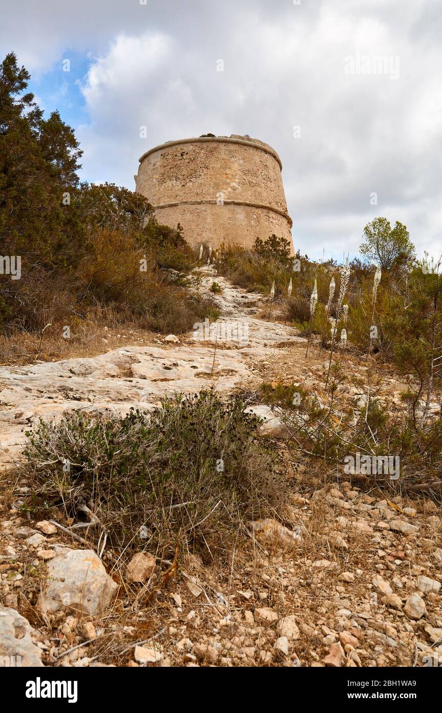 Torre des Pi des Català XVIII century historical defensive tower near Migjorn coastline (Formentera, Pityusic Islands, Balearic Islands, Spain) Stock Photo