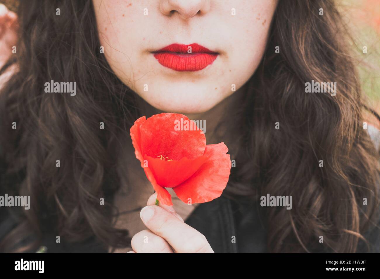 Crop view of young woman with red lips holding poppy Stock Photo