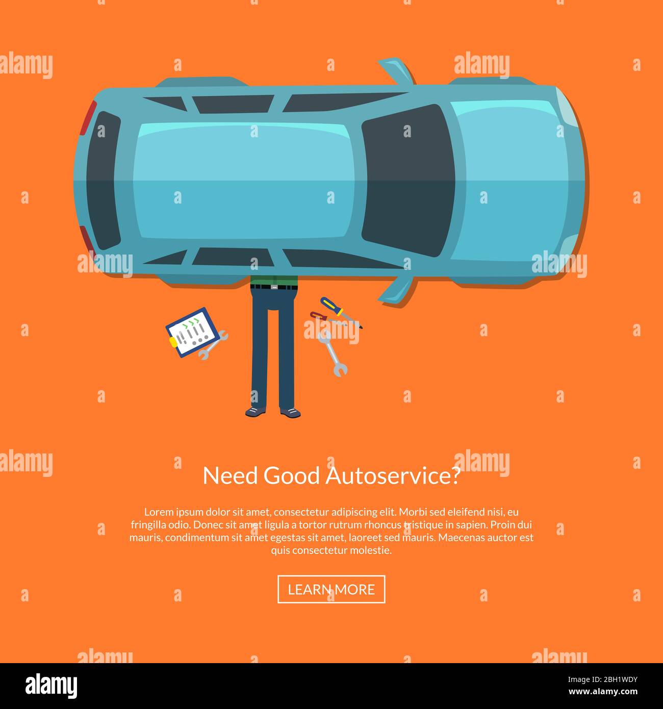Vector mechanic lying under car with instruments top view illustration Stock Vector