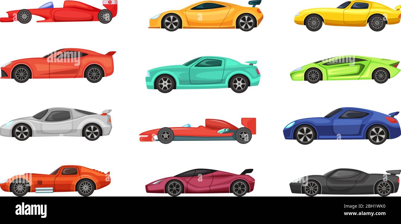 Different sport cars isolated on white. Vector illustrations of racers on road. Set of race car transport, sport and speed automobile Stock Vector