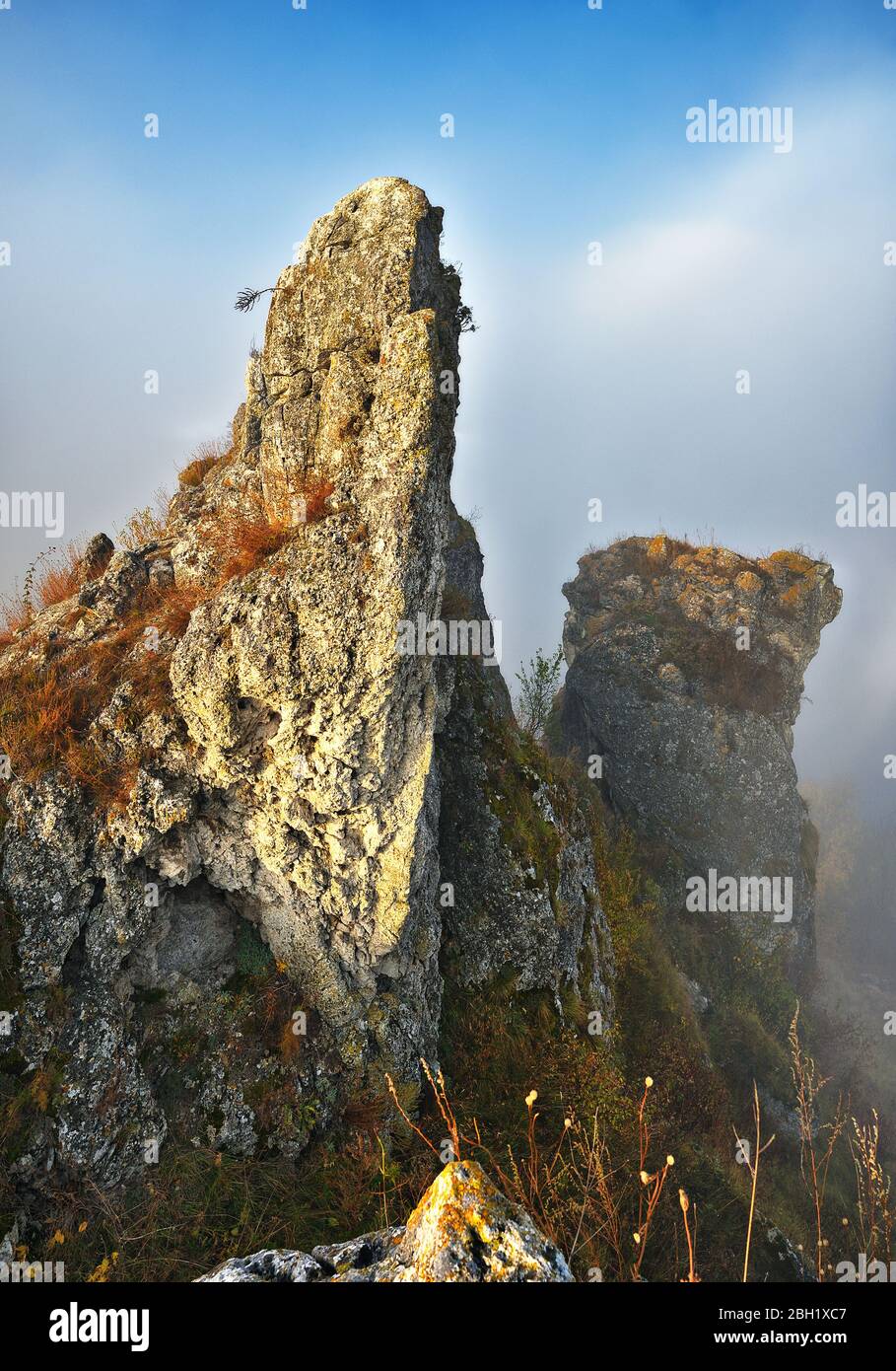 fog in the canyon. Autumn morning in the Dniester river valley Stock Photo
