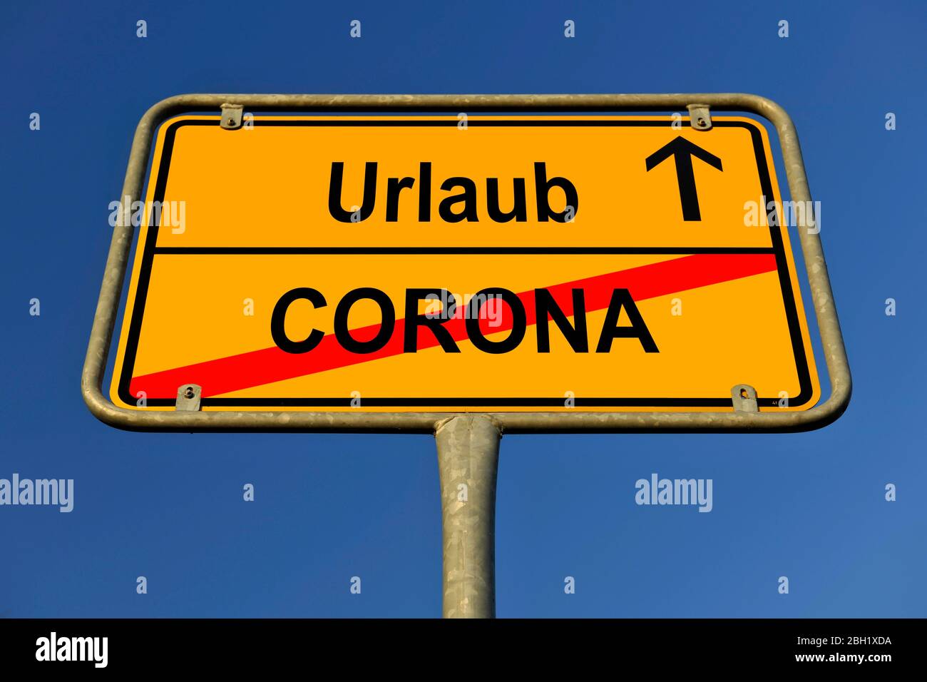 Digital Composing, symbolic picture, place-name sign, relaxation or end of corona crisis, corona virus, coronavirus, Sars-CoV-2, Covid-19, Germany Stock Photo