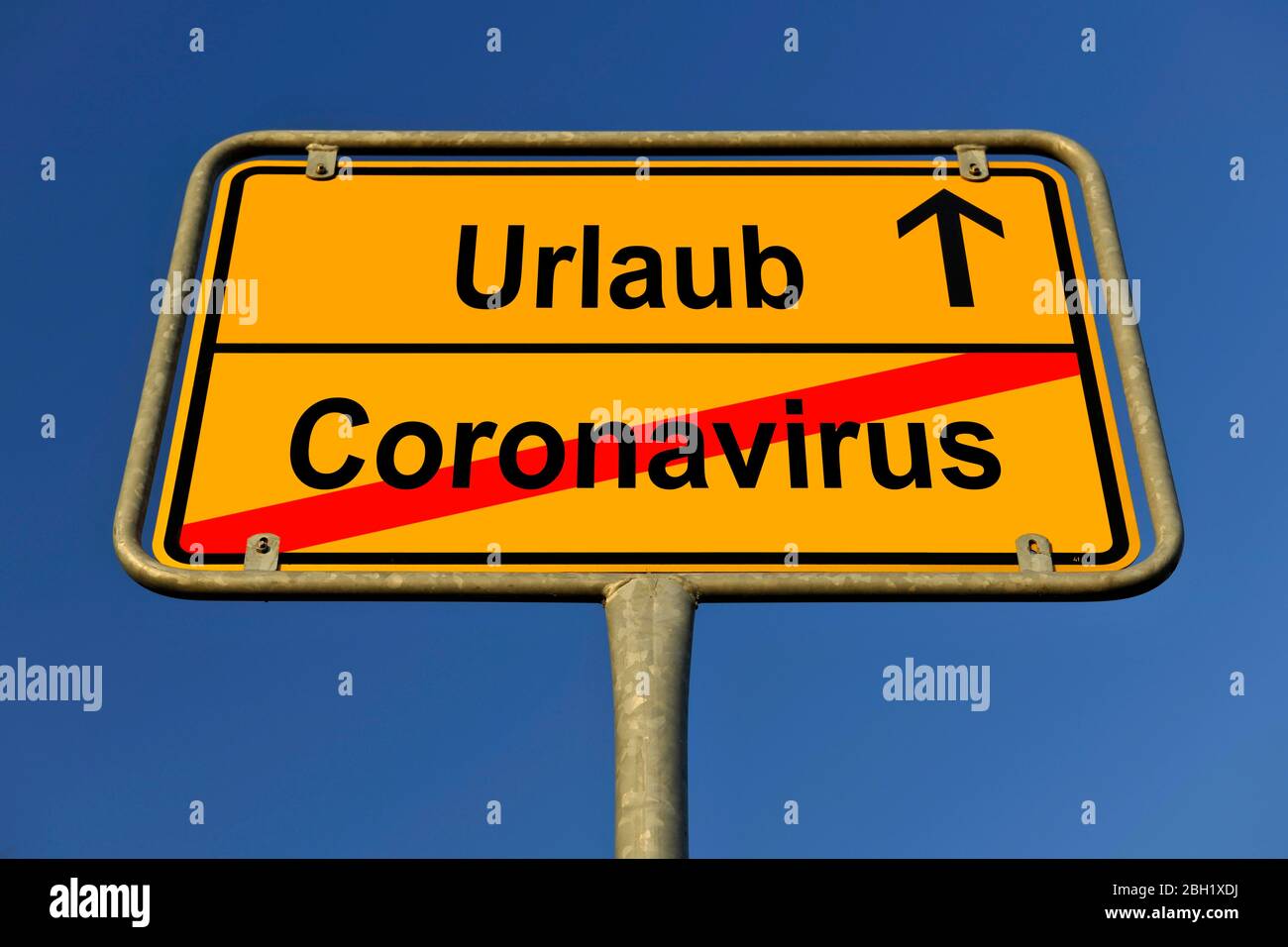 Digital Composing, symbolic picture, place-name sign, relaxation or end of corona crisis, corona virus, coronavirus, Sars-CoV-2, Covid-19, Germany Stock Photo