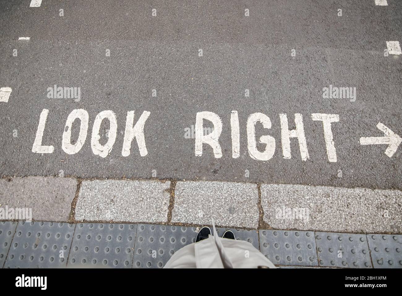 Look right sign on road in London. Great Britain Stock Photo - Alamy