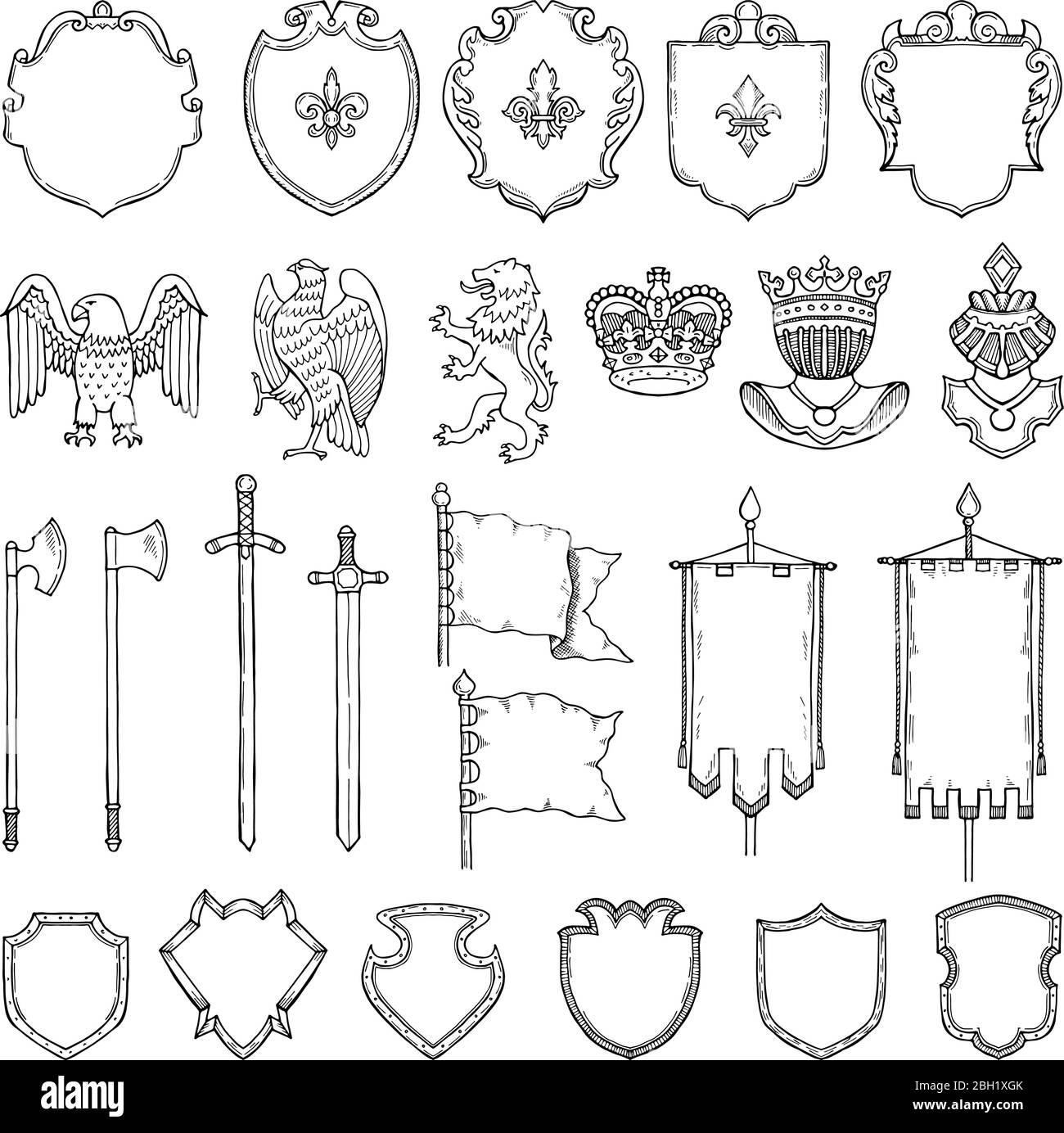 Medieval heraldic symbols isolate on white. Vector hand drawn ...