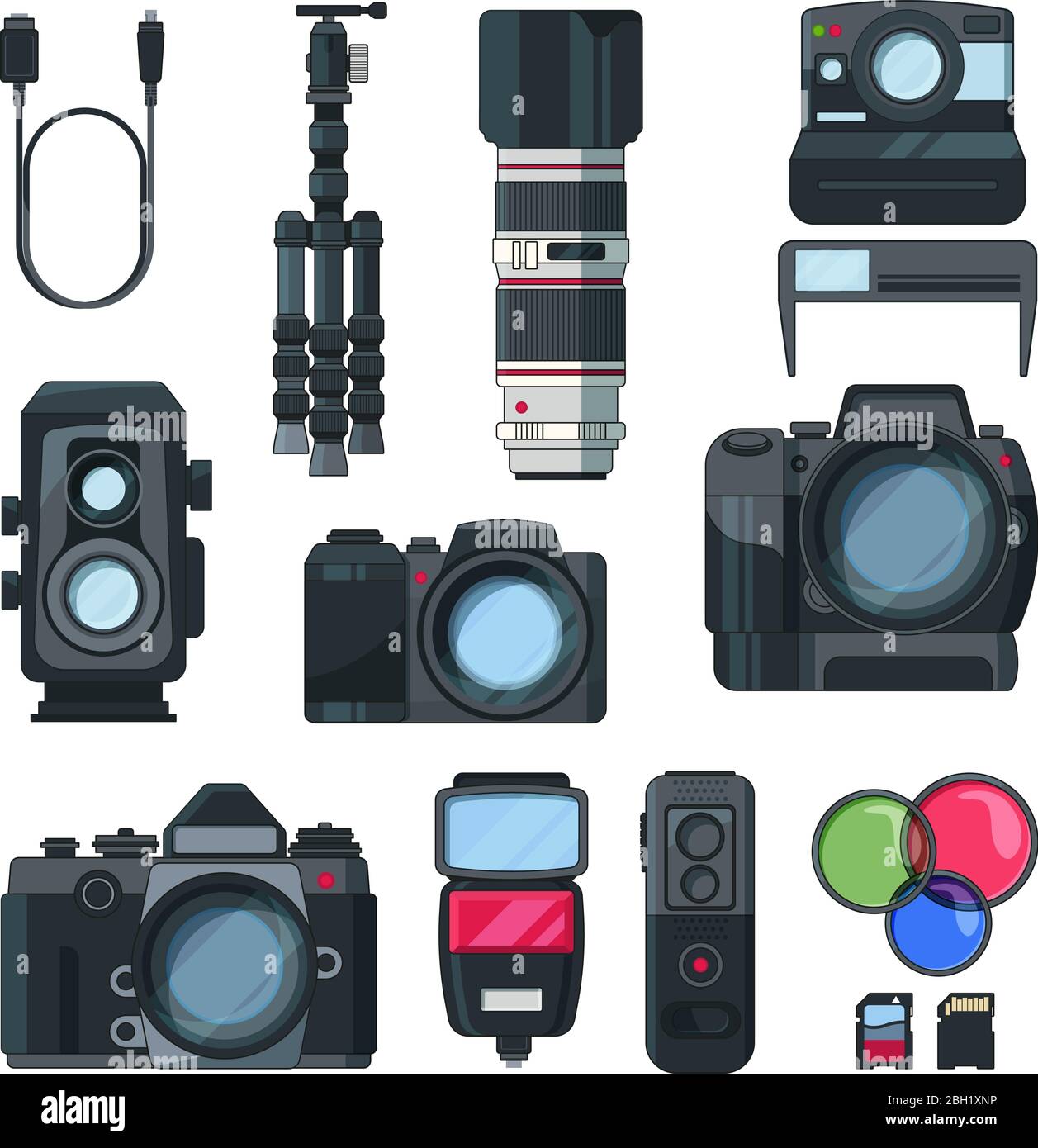 Digital photo and video cameras in cartoon style. Professional equipment. Photo and video professional camera, vector illustration Stock Vector