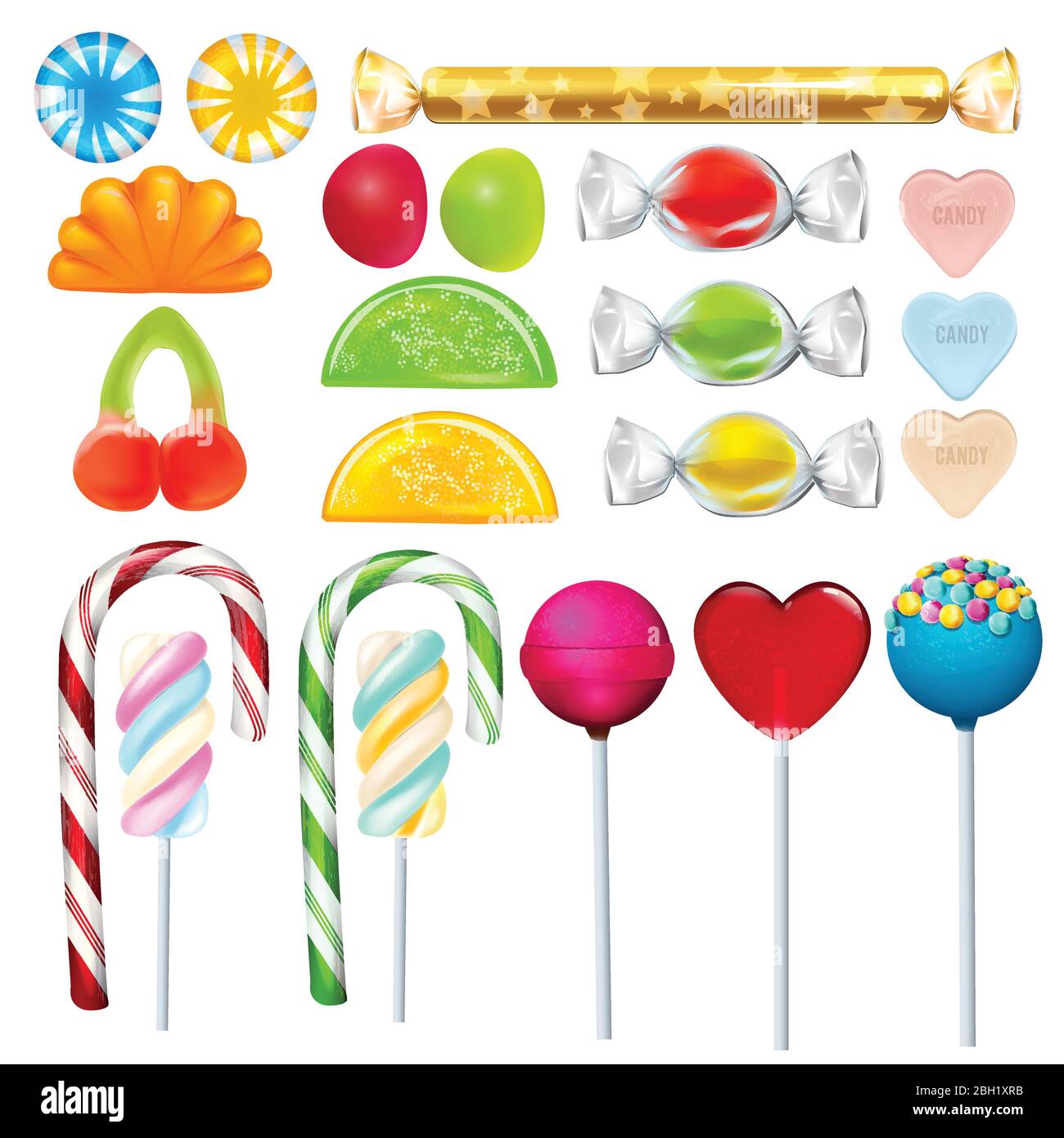 Different sweets and candies from sugar. Realistic vector pictures set. Sweet caramel lollipop