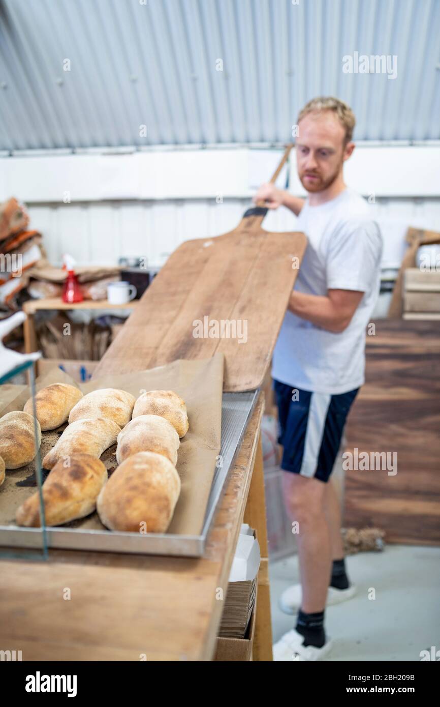 Baker baking little loaves of bread in bakery Stock Photo
