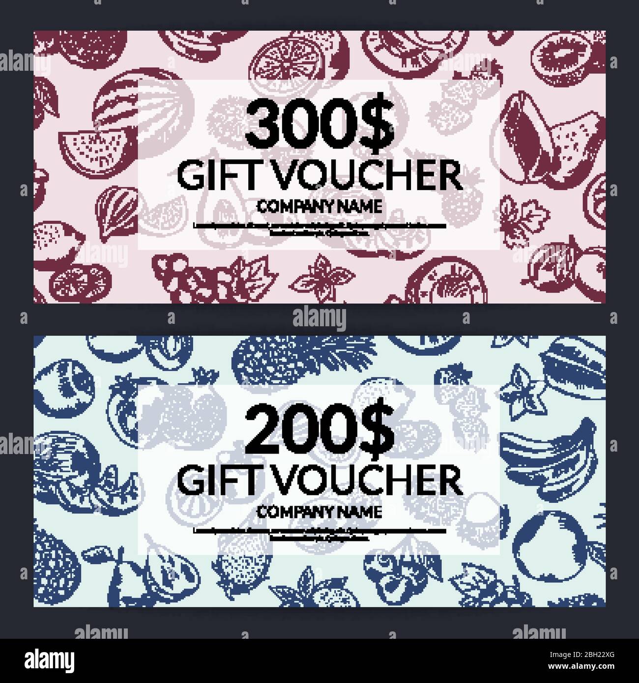 Vector handdrawn doodle fruits and vegetables gift voucher templates