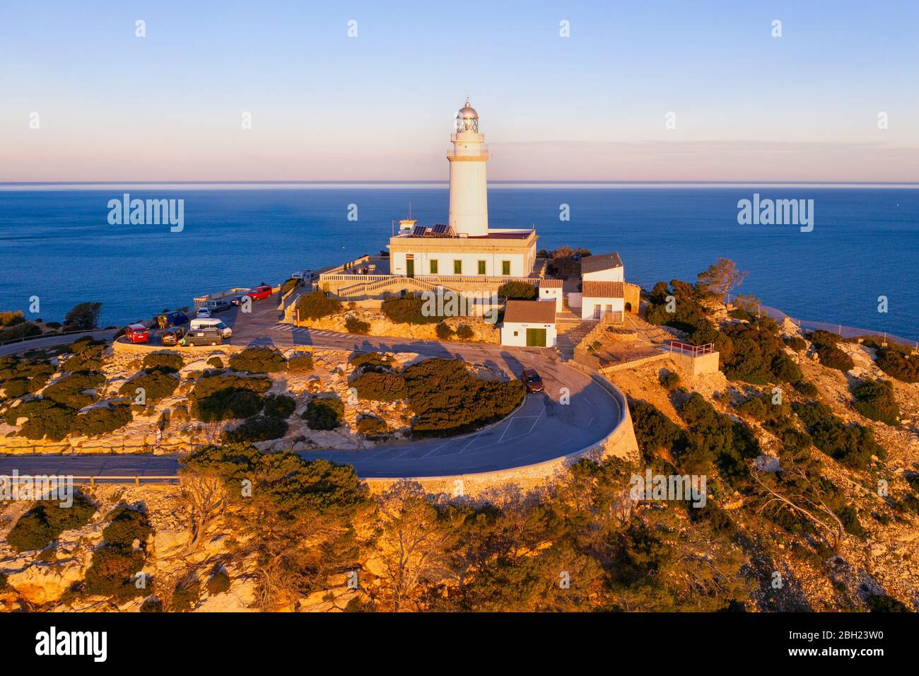 Spain, Mallorca, Aerial view of Cap de Formentor peninsula at dawn Stock Photo