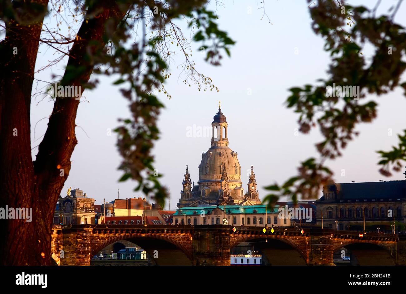 Germany, Saxony, Dresden, Arch bridge and Dresden Frauenkirche at dusk Stock Photo