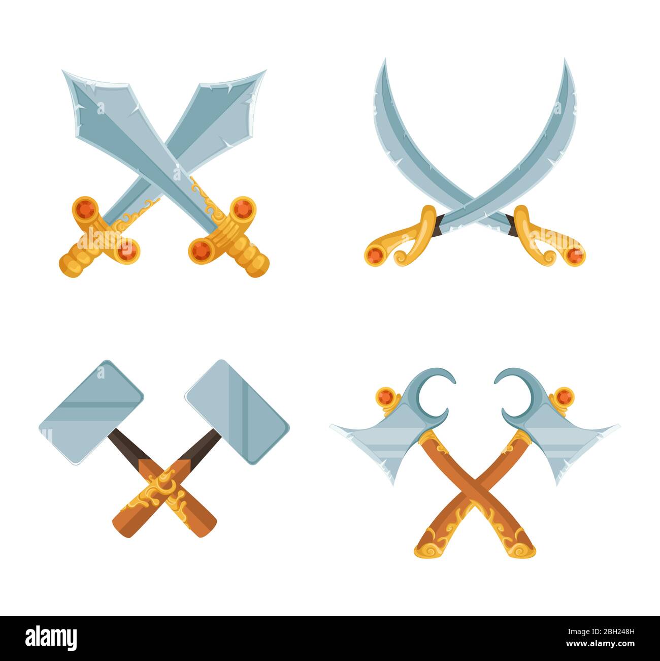 Vector set of cartoon game design crossed sword and axe weapons isolated on white background. Military vintage cross hammer illustration Stock Vector