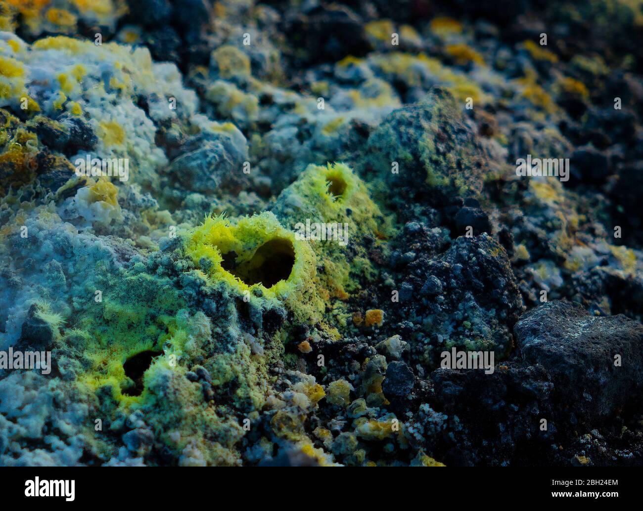 Close up of a mini volcanic fumarole measuring only a few centimeters surrounded by a delicate ring of sulphur crystals, Námafjall Geothermal Area, ne Stock Photo