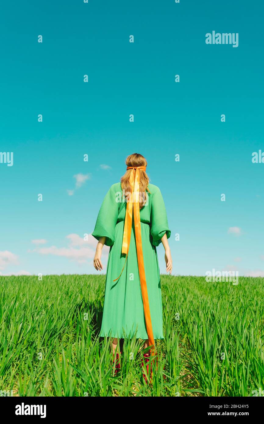 Rear view of young woman wearing a green dress standing in a field with ...