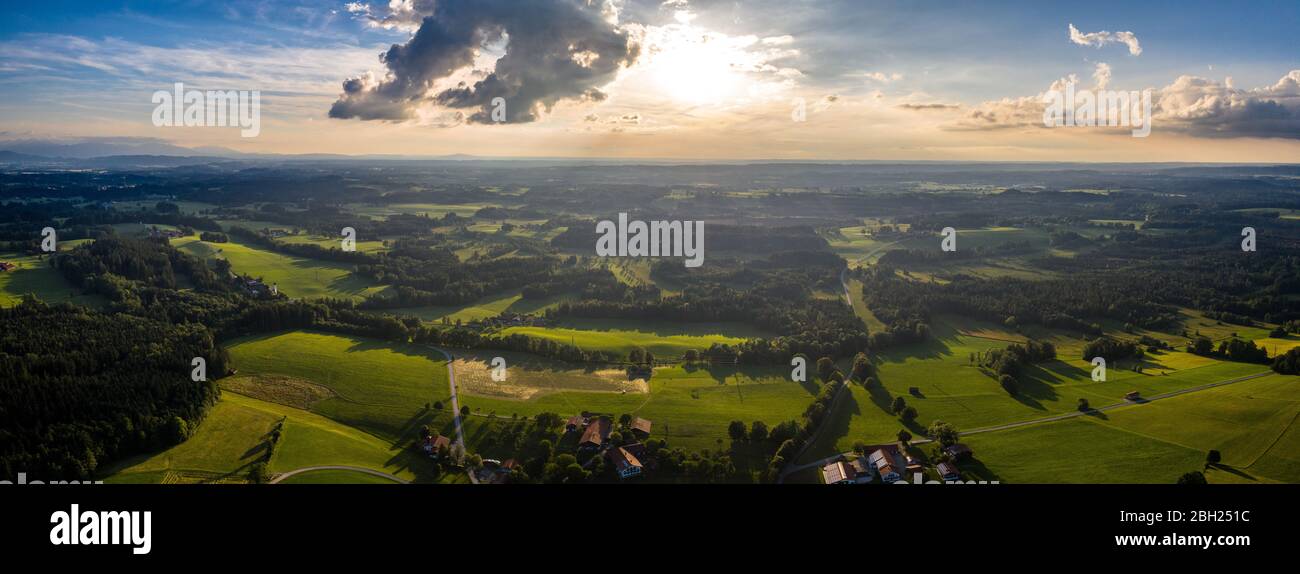 4K Bad Tölz, Isar Valley, Germany Bavaria. Alps Karwendel mountain. Sunset Aerial shot in June Stock Photo