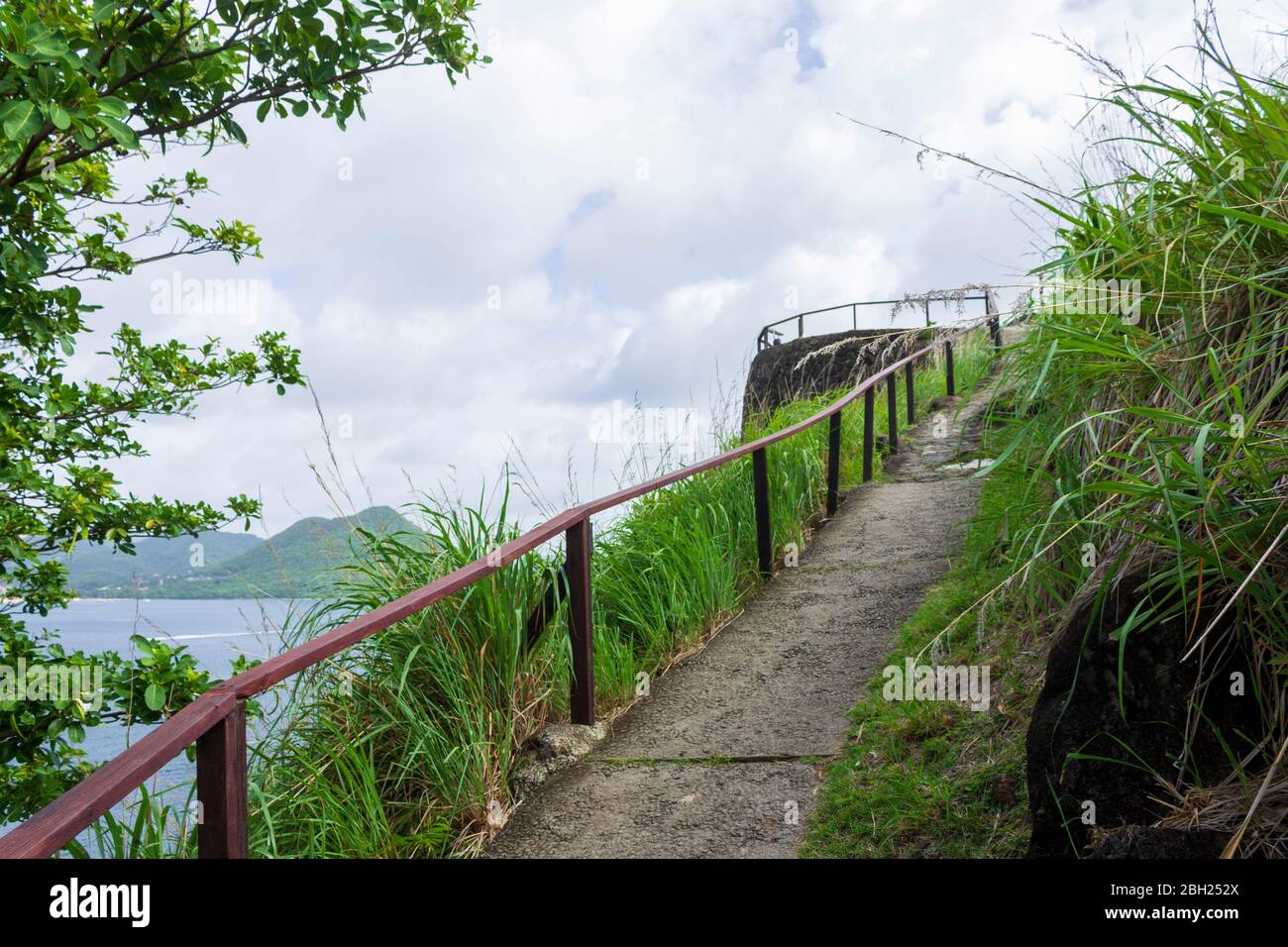 Breathtaking view of the concrete pathway with a wooden handrail with green grass and trees on either side leading up to the top of Fort Rodney Stock Photo