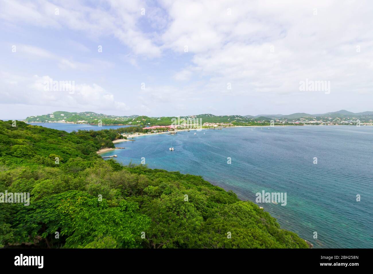 breathtaking tropical landscape and coastal scenery panoramic sky panoramic sea and panoramic landscape view from Pigeon Island National Park Stock Photo