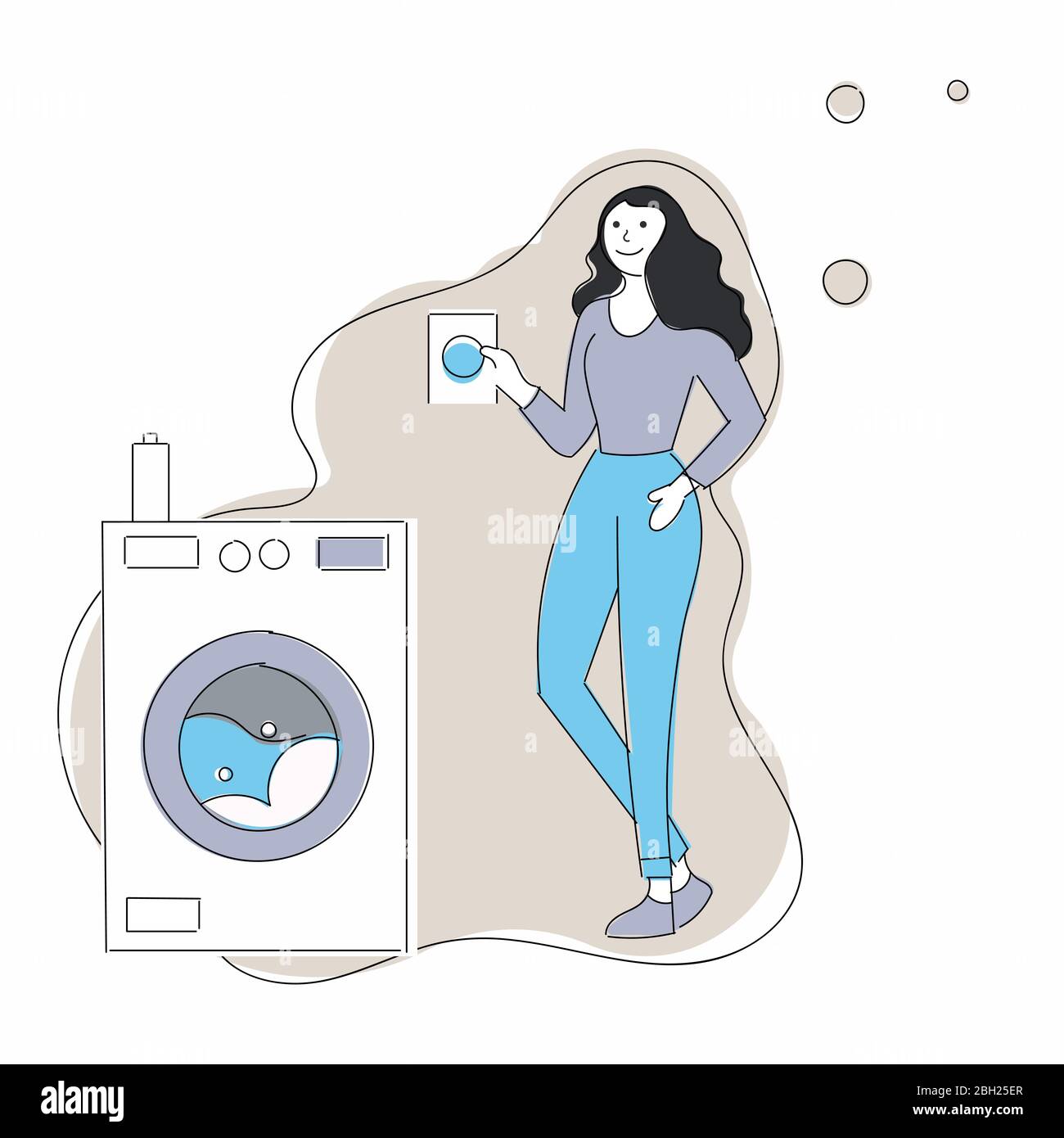Woman housewife washes clothes in the washing machine. Vector illustration in a flat style. Girl and near her things and laundry powder. washing Stock Vector