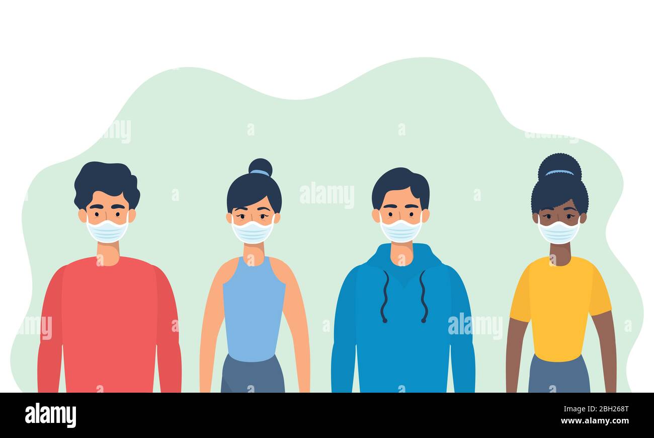 interracial young people using face masks characters Stock Vector Image ...