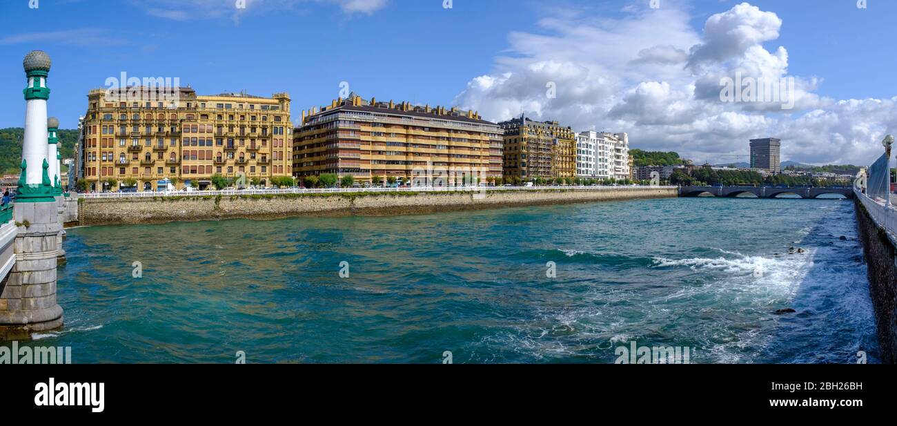 Spain, Gipuzkoa, San Sebastian, Panorama of city buildings along bank of Urumea river Stock Photo