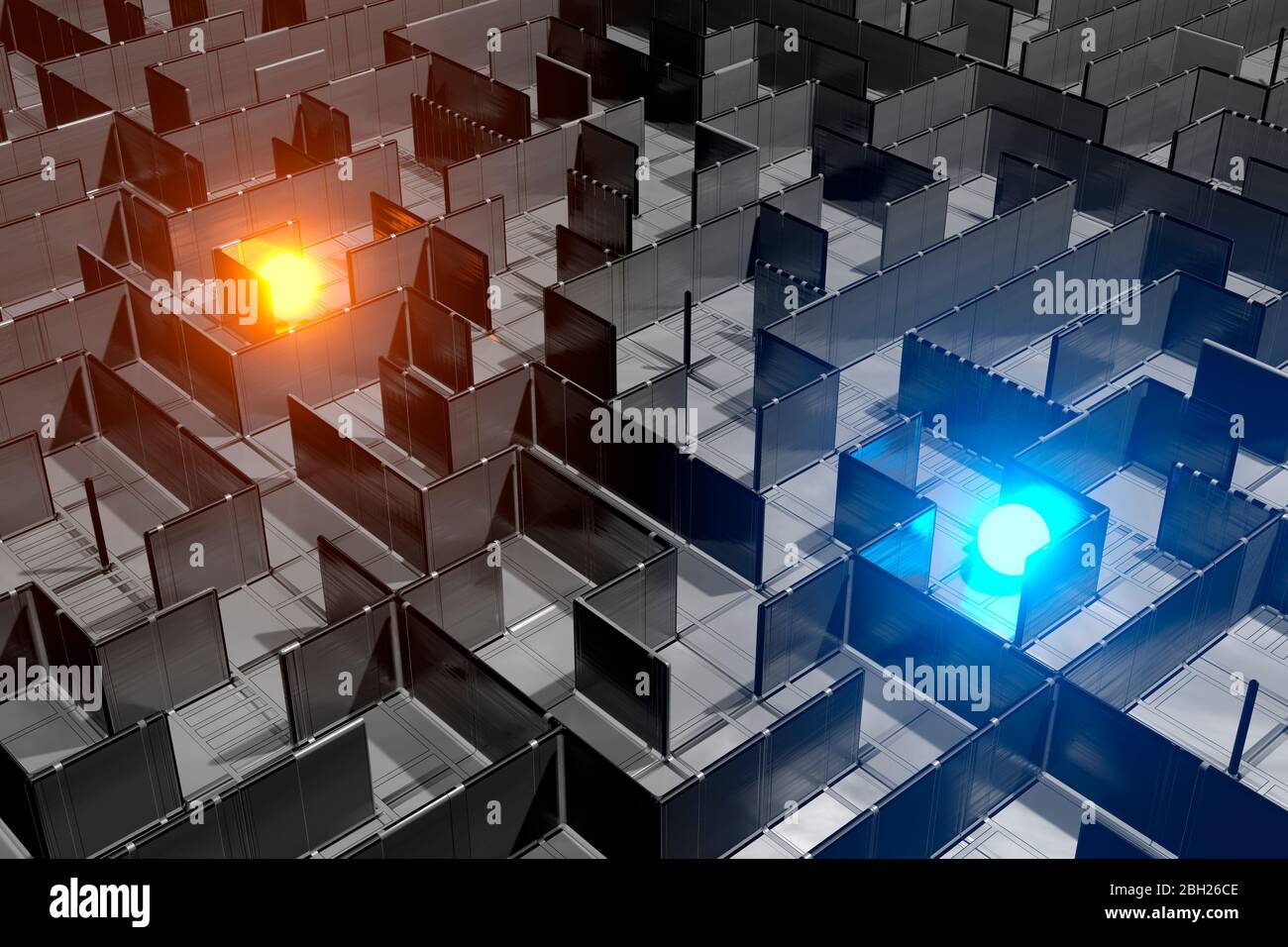 Three dimensional render of blue and orange glowing spheres lost in empty maze Stock Photo