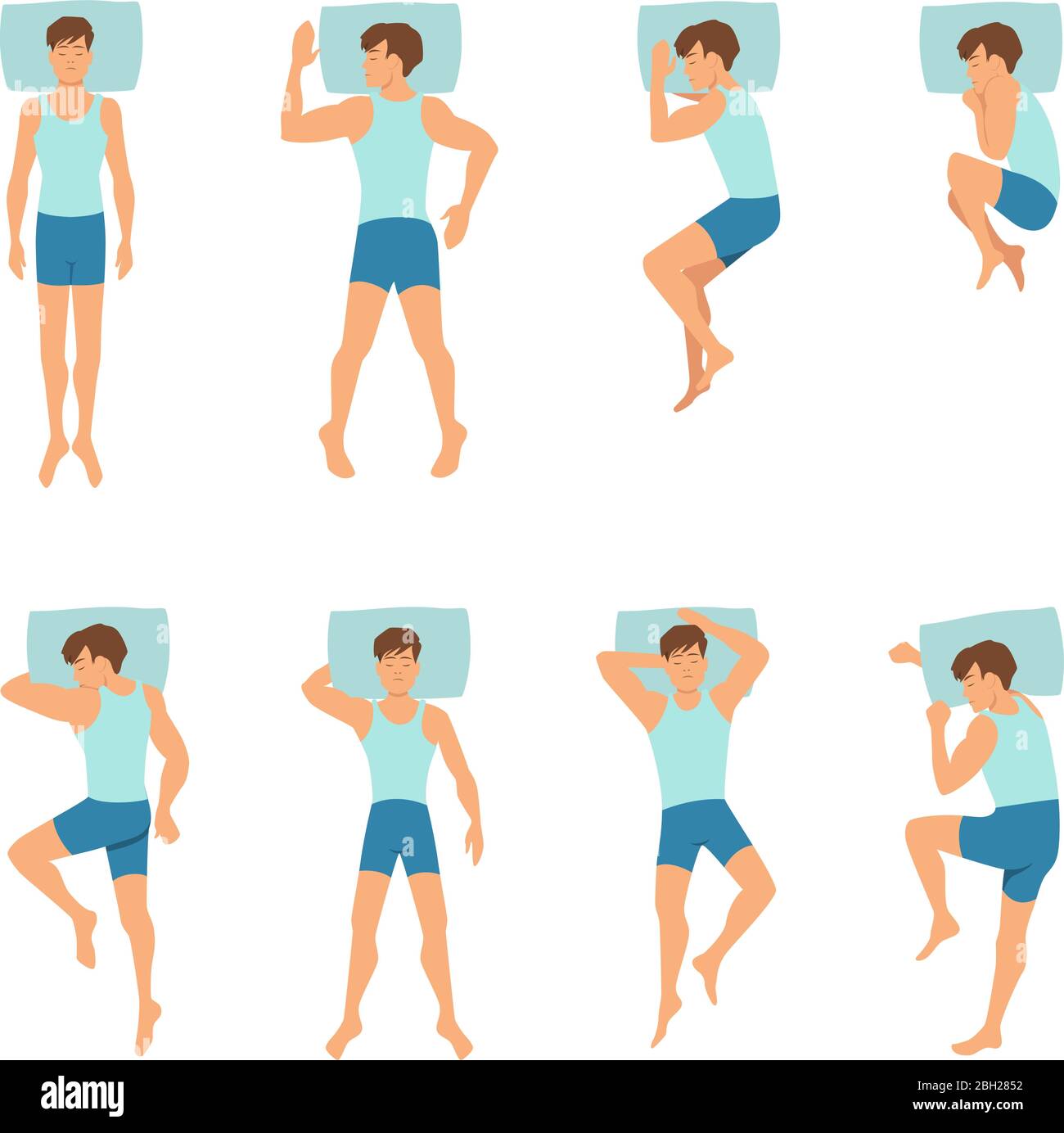 Different positions of sleeping man. Top view vector illustrations. Man position comfortable for sleep and relax Stock Vector