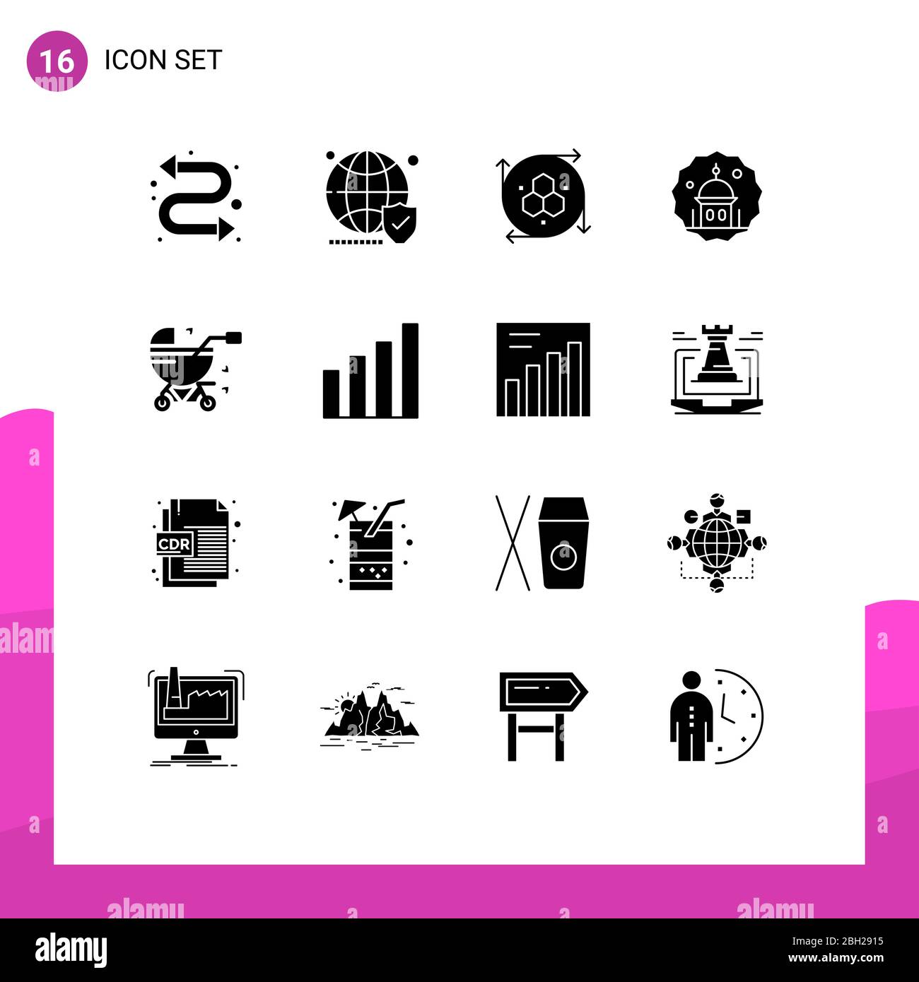 Modern Set of 16 Solid Glyphs Pictograph of baby carriage, eid, computer graphics, muslim, mosque Editable Vector Design Elements Stock Vector