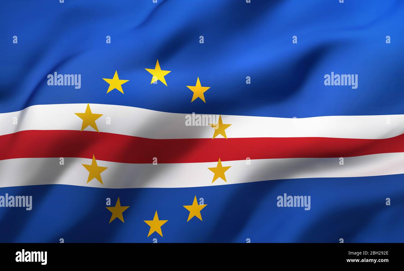 Flag of Cape Verde blowing in the wind. Full page Cape Verdean flying flag. 3D illustration. Stock Photo