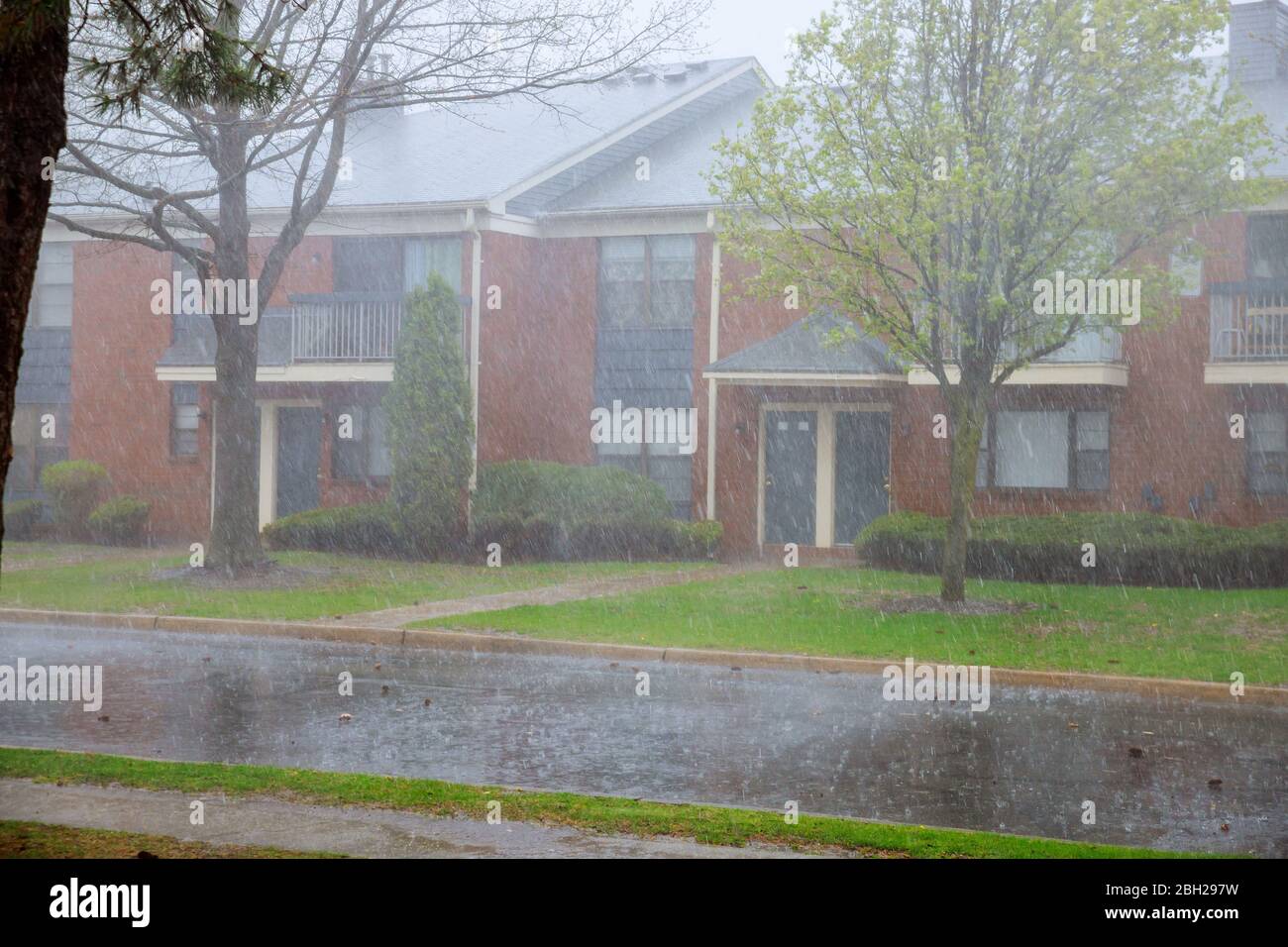 Apartment building during strong winds and heavy rainfall the rainy