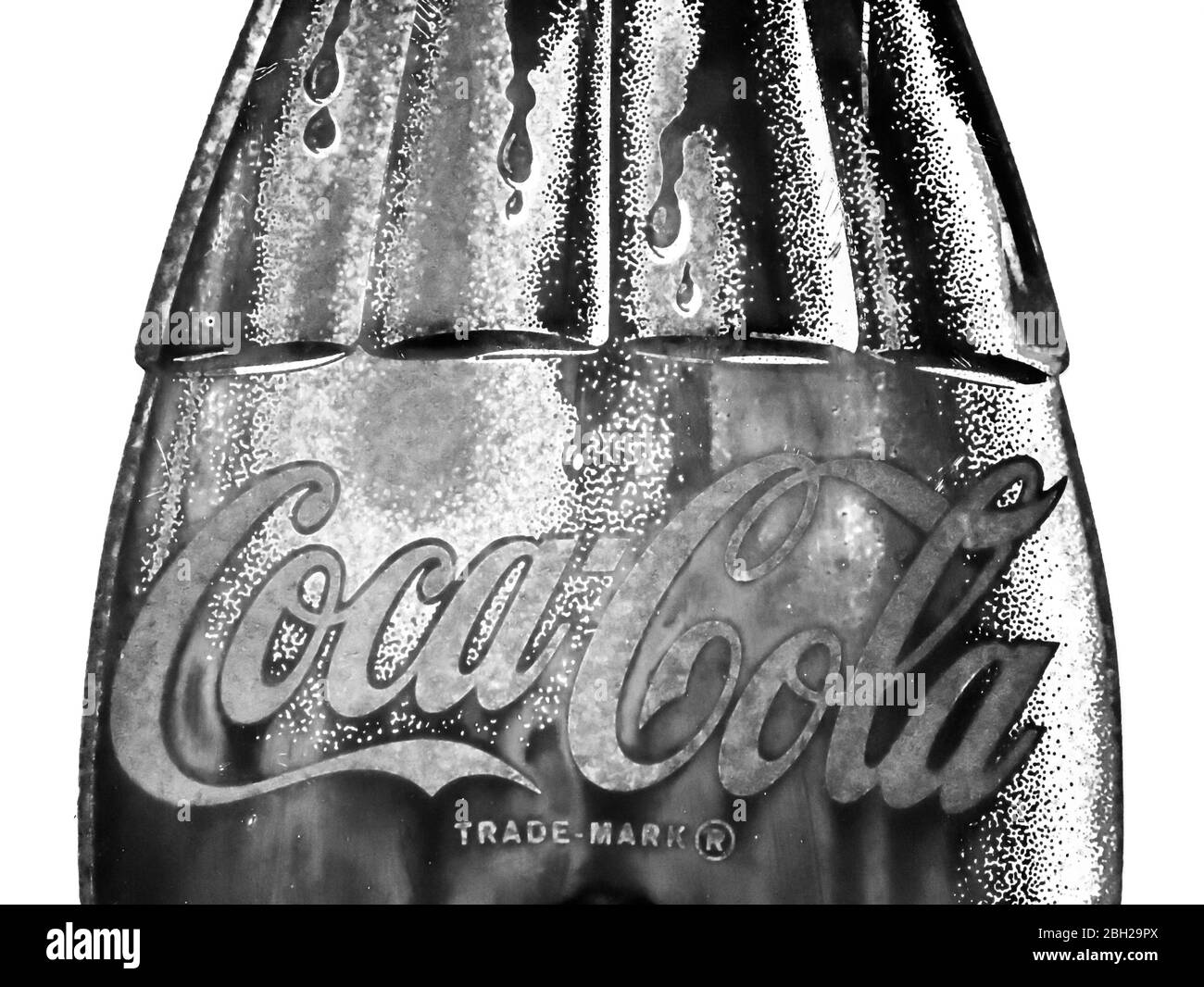 Rusted metal bottle-shaped Coco Cola sign black and white on white background Stock Photo