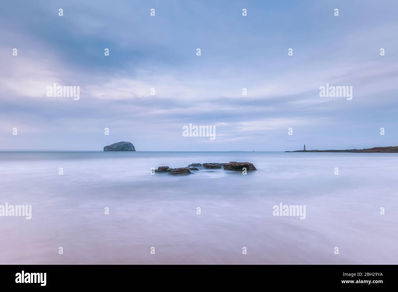 UK, Scotland, North Berwick, Seacliff coast with Bass Rock island in background Stock Photo
