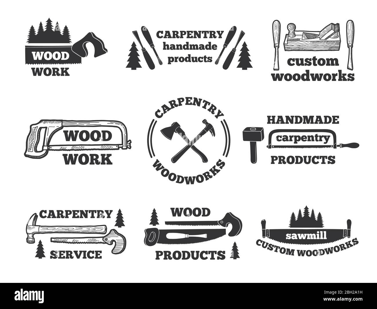 Labels for woodworking shop. Monochrome illustrations with carpentry tools. Vector emblem workshop, logo carpentry handmade Stock Vector