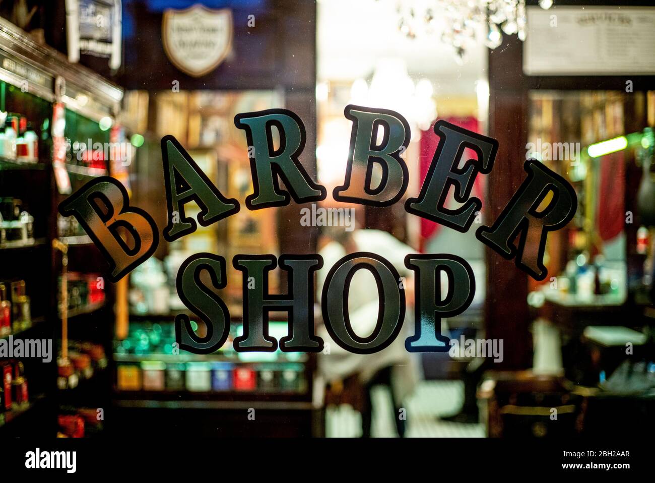 USA, New York City, Window pane of a Barber Shop Stock Photo