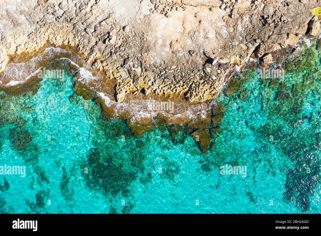 Spain, Balearic Islands, Mallorca, Aerial view of turquoise coast of Mediterranean Sea Stock Photo