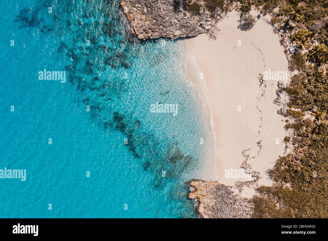 Caribbean, Bahamas, Exuma, Drone view of Pretty Molly Beach Stock Photo