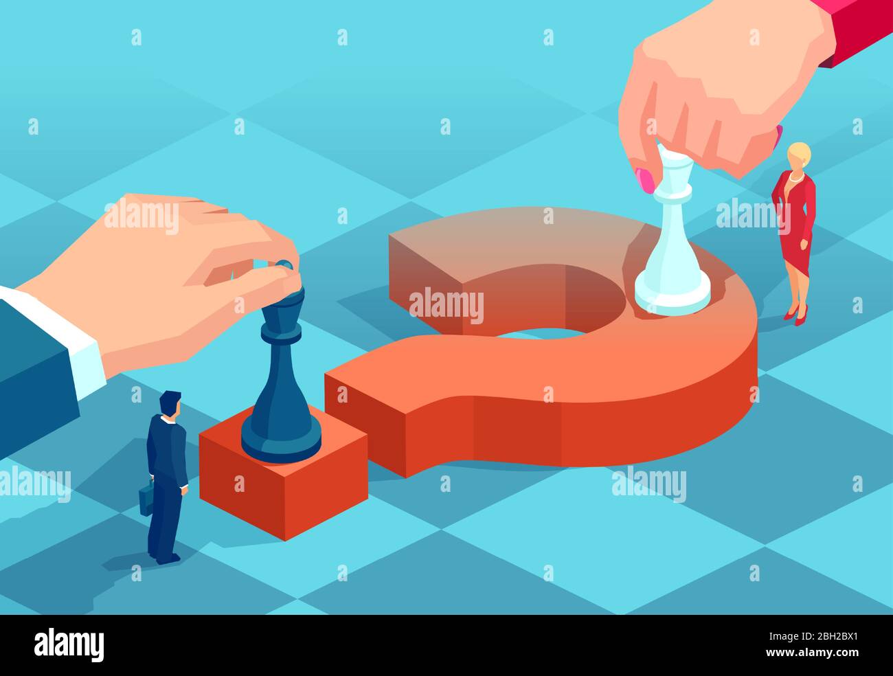 Vector of a businessman and businesswoman moving chess pieces on red question mark negotiating strategic decisions. Stock Vector