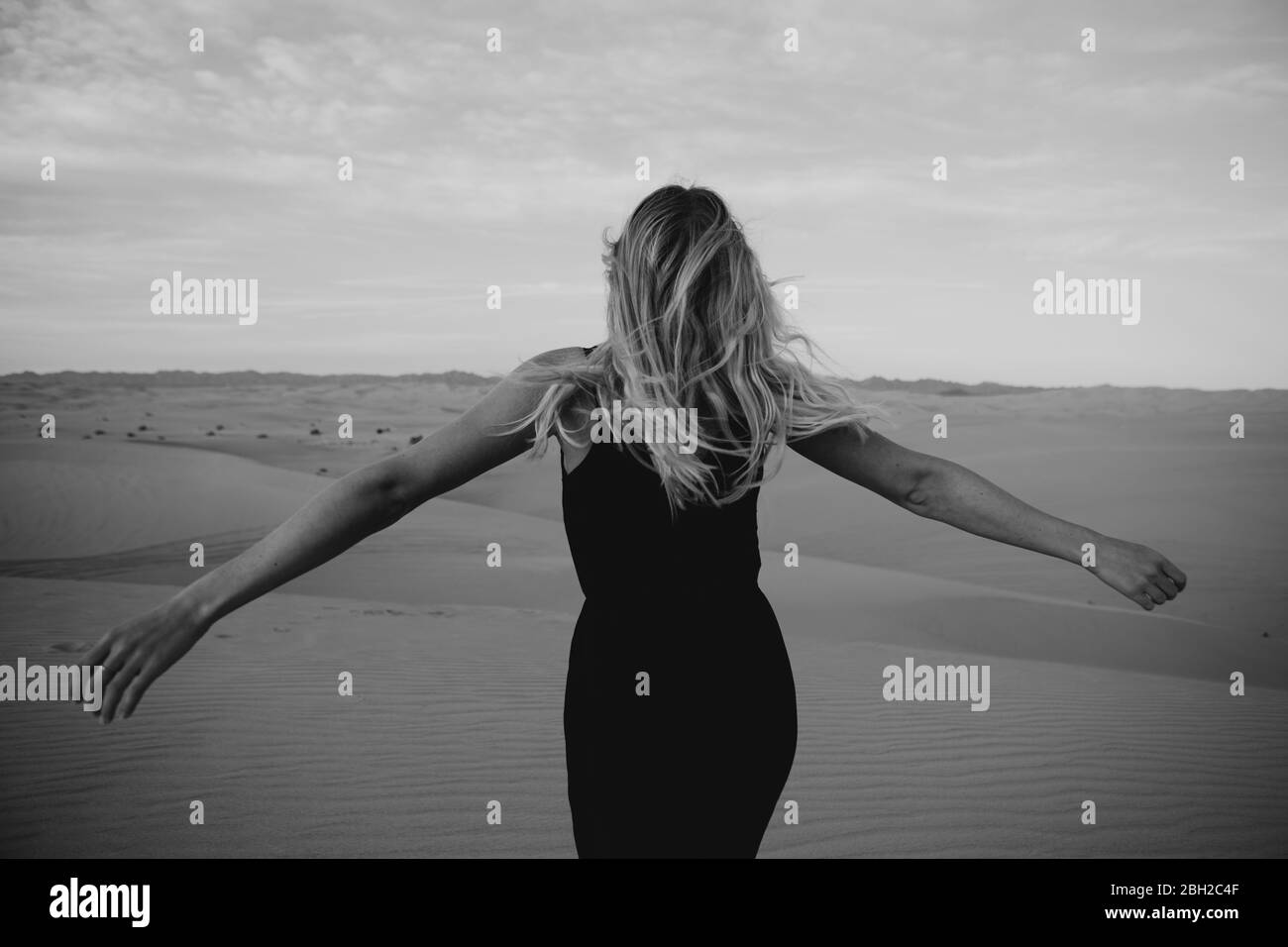 Back view of blond woman in the desert, Algodones Dunes, Brawley, USA Stock Photo