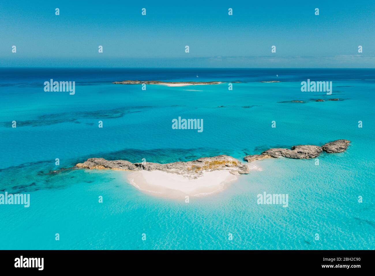 Caribbean, Bahamas, Drone view of deserted island in the Exumas Stock Photo