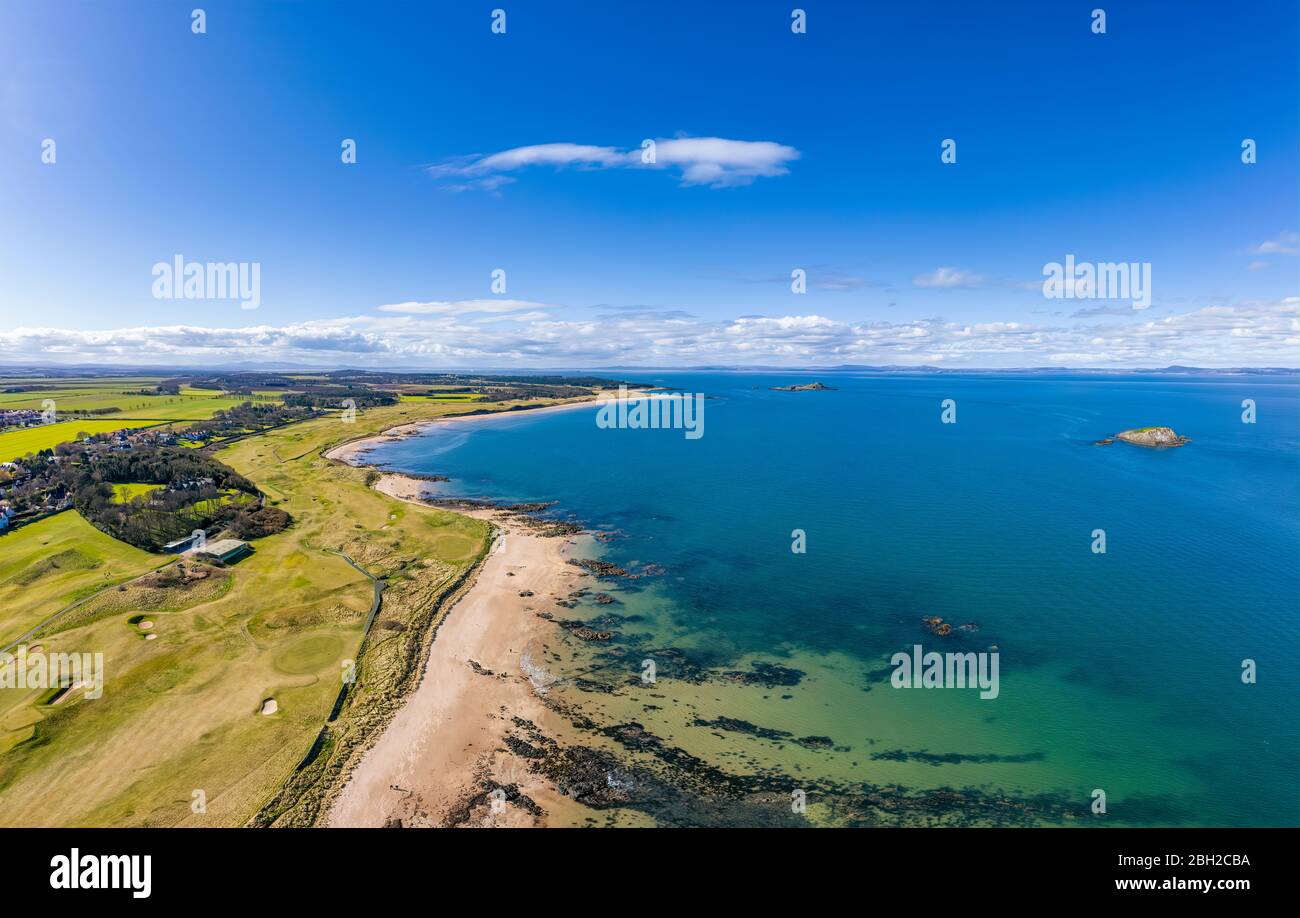 UK, Scotland, North Berwick, Aerial panorama of Firth of Forth and seaside town in summer Stock Photo