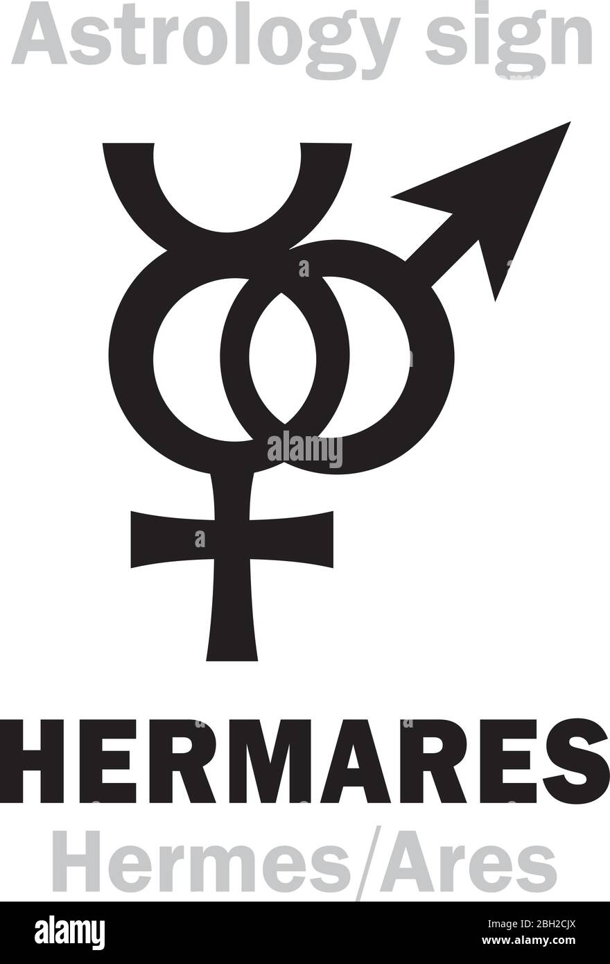 Astrology Alphabet: HERMARES (Hermes+Ares), Local Ancient Greek sacral dual deity of cunning and aggression, bravery & courage. Symbol of strategy. Stock Vector