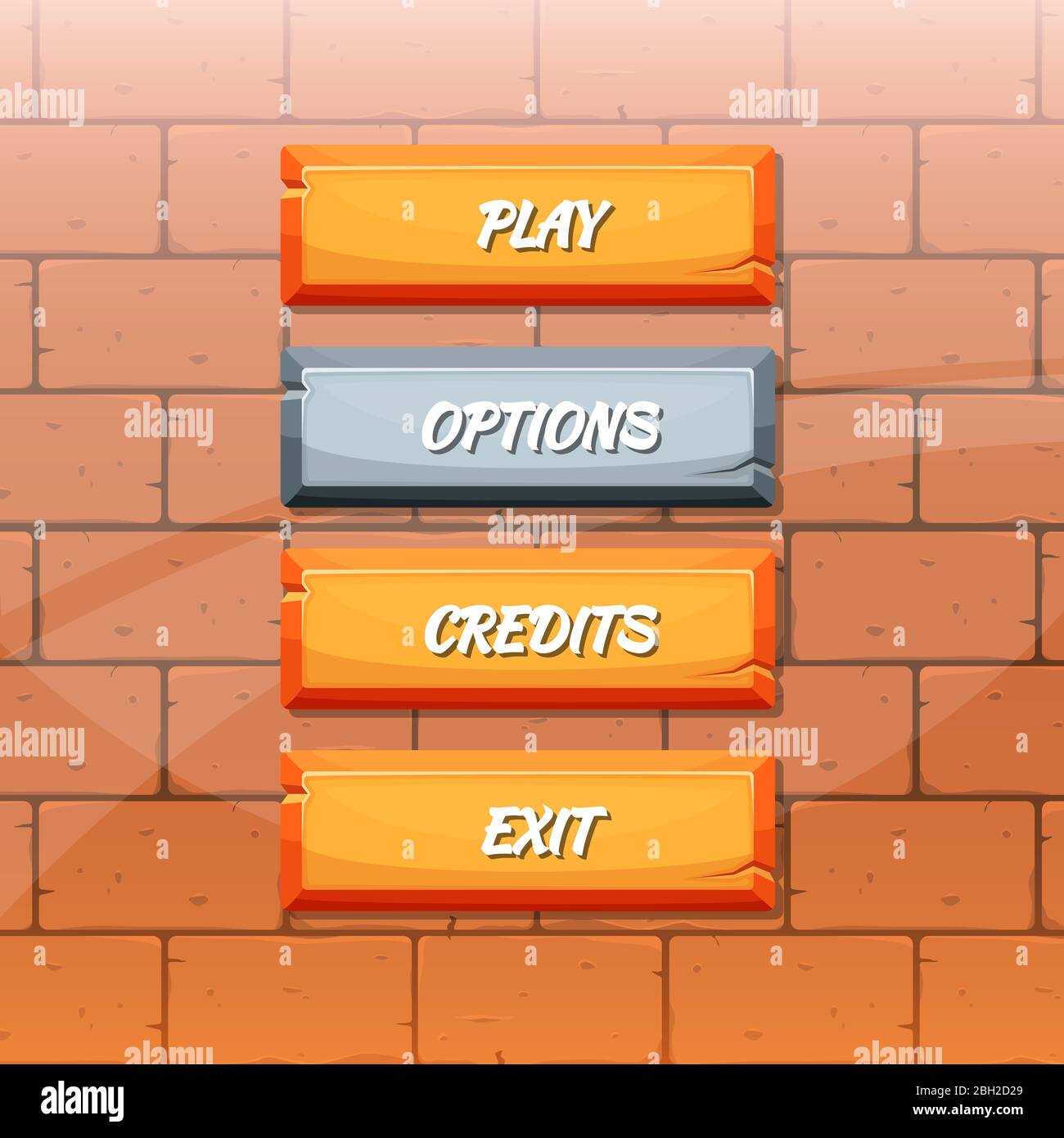 Vector Cartoon Style Orange Stone Buttons With Text For Game Design On Brick Texture Background Illustration Stock Vector Image Art Alamy