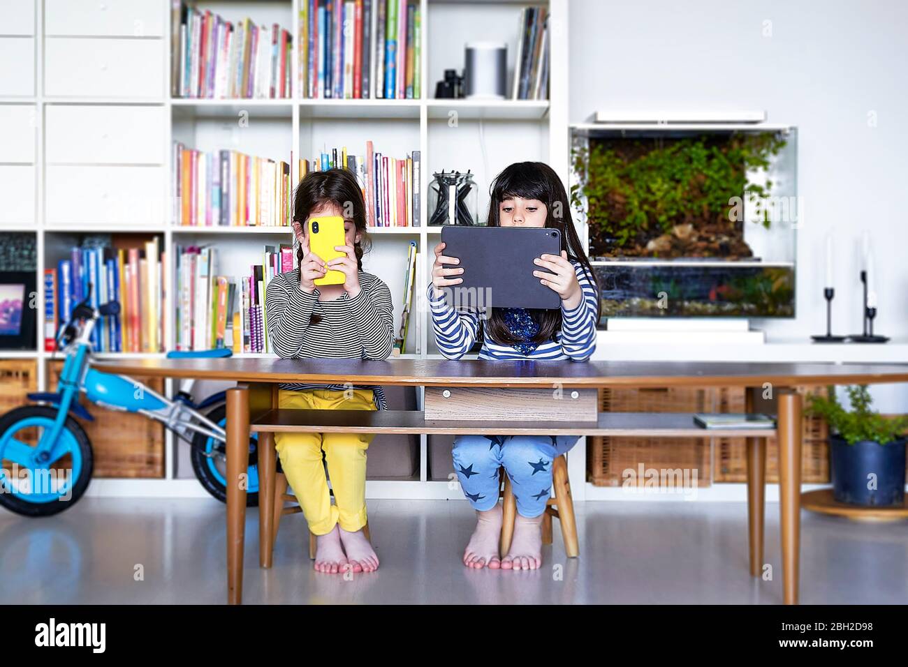 Two sisters sitting side by side at table in the living room using ...