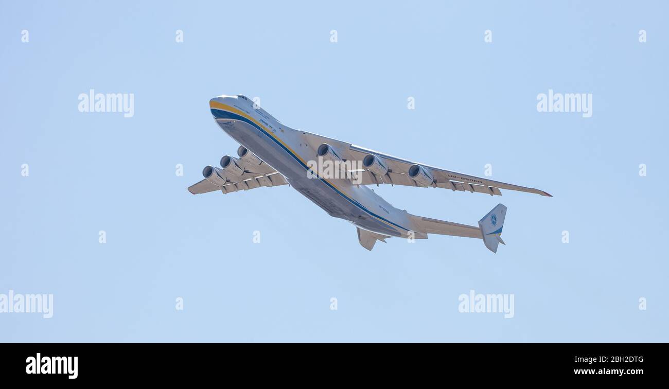 Ukraine, Kyiv - April 23, 2020: Ukrainian cargo plane AN-225 Mriya Antonov is isolated on a plain background. Flies in the sky. The largest aircraft Stock Photo