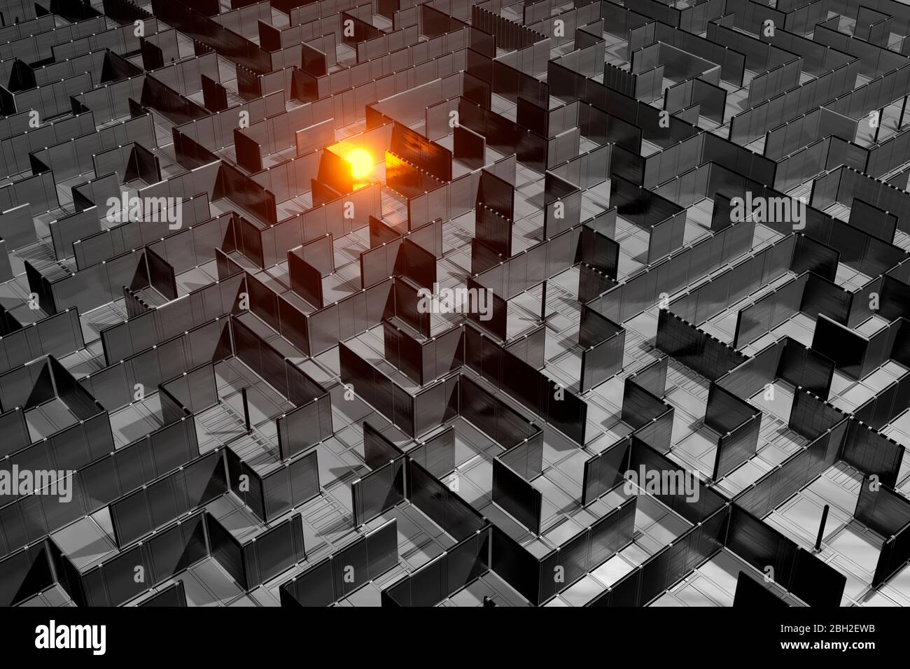 Three dimensional render of orange glowing sphere lost in empty maze Stock Photo