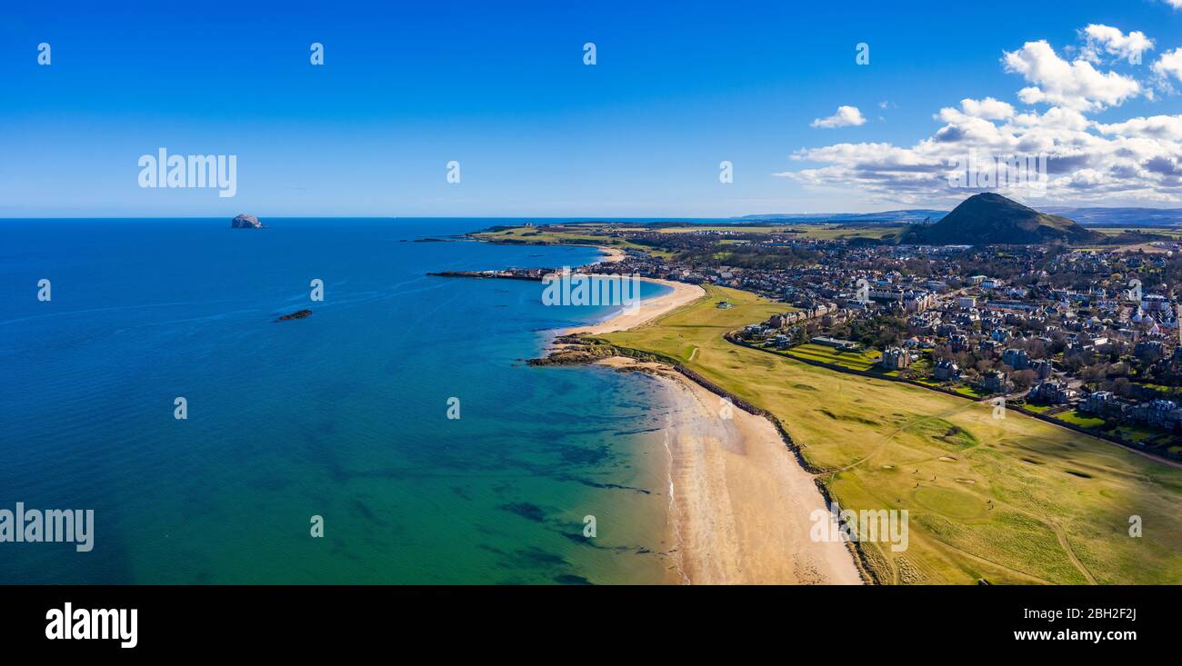 UK, Scotland, North Berwick, Aerial panorama of Firth of Forth and seaside town in summer Stock Photo